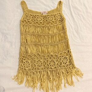Obe Mustard Yellow Crochet Fringe Knit Tank Top Floral Boho Sleeveless M X-0015